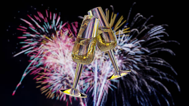 3D rendu deux coupes de champagne devant des feux d’artifice dans le ciel. Rendu 3D. Illustration 3D - Photo