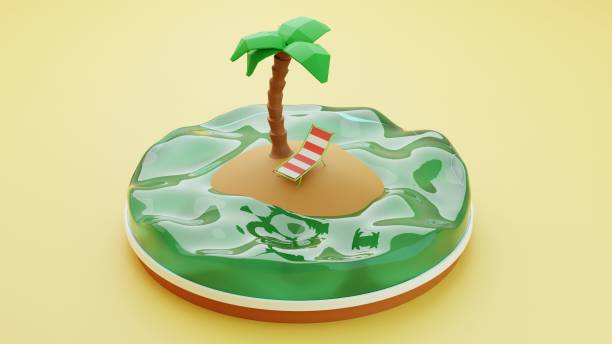 Rendu 3D stylisé petite île tropicale avec palmier et lit de bronzage. Graphiques 3D. Illustration 3D - Photo