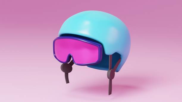 Stylized blue skiing helmet and pink goggles. 3D graphic. Winter break. Skiing. Goggles