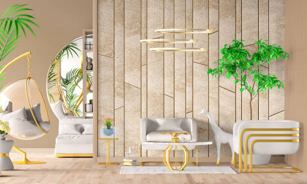 istock Modern interior design with white armchairs, sofa, coffee table, floor lamp, stone wall, plants and gold decor. Modern living room. 3d rendering 1454604779