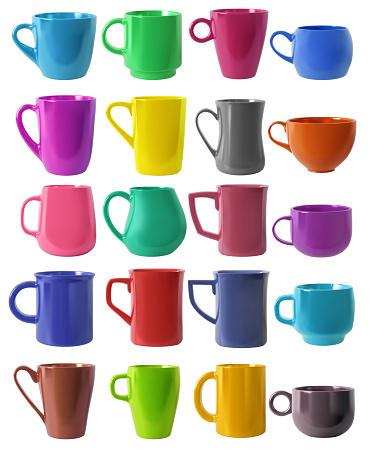 Set of realistic multicolored mugs isolated on a white background. Set of realistic multicolored cup. Templates for layout. Collection cup. Illustration,  3d rendering