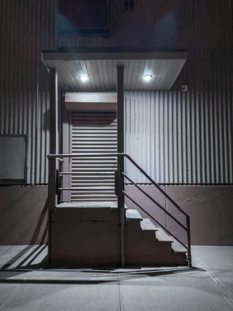 Loading docks of building at night