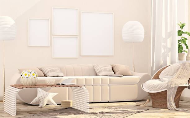 현대적인 인테리어 배경, 거실, 스칸디나비아 스타일의 포스터 프레임을 조롱합니다. 안락 의자가있는 현대적인 인테리어 디자인. 3d 렌더링 - designer living room brown white 뉴스 사진 이미지