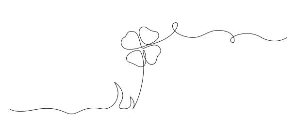 jeden ciągły rysunek linii czterolistnej koniczyny. powodzenia kwiatowy symbol w prostym liniowym stylu. koncepcja banera internetowego dzień świętego patryka w edytowalnym pociągnięciu. ilustracja wektorowa doodle - spring clover leaf shape clover sketch stock illustrations