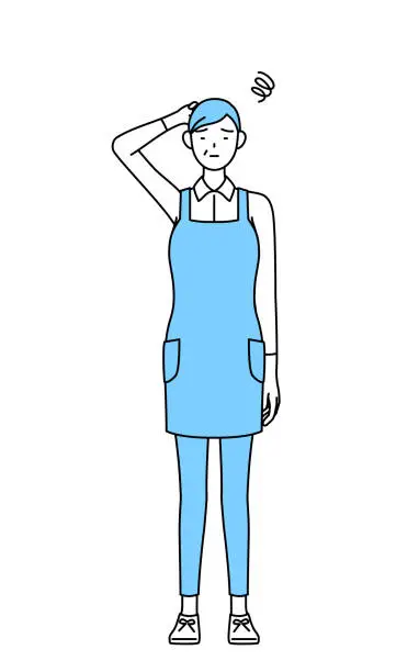 Vector illustration of A senior woman in an apron scratching his head in distress.