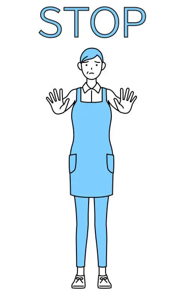 Vector illustration of A senior woman in an apron with his hand out in front of his body, signaling a stop.