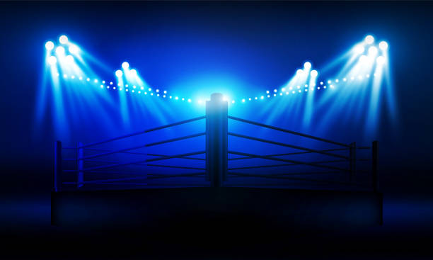 ilustraciones, imágenes clip art, dibujos animados e iconos de stock de arena de anillo de boxeo y diseño vectorial de reflectores de proyectores. - wrestling