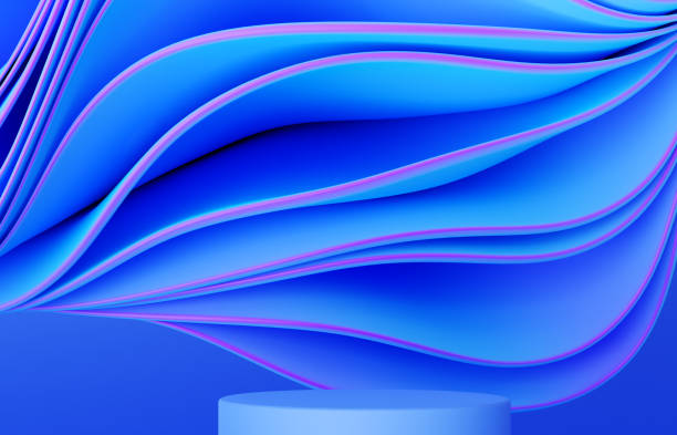 istock Neon, blue and pink podium background with abstract wavy cloth, folded fabric 1454610527