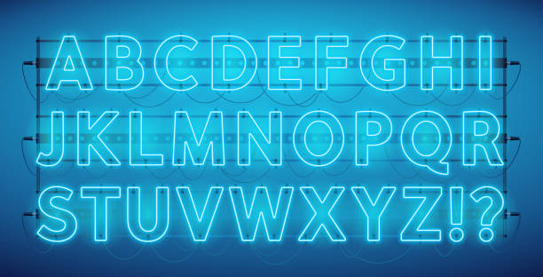 Alfabeto Neon Azul Brilhante - ilustração de arte em vetor