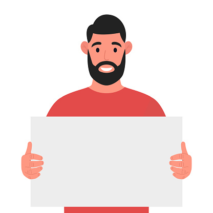 Bearded man holding a blank poster, empty sheet of white paper or board. Vector illustration.