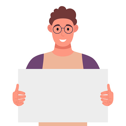 Curly young man in glasses holding a blank poster, empty sheet of white paper or board. Vector illustration.