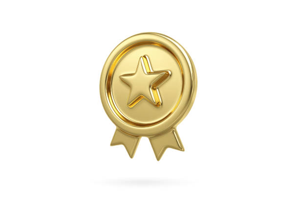 icono de estrella de metal dorado aislado sobre fondo blanco. etiqueta de garantía de calidad premium, renderizado 3d - ribbon award perfection winning fotografías e imágenes de stock
