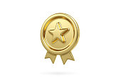 Gold metal star icon isolated on white background. Premium quality guarantee label, 3d rendering