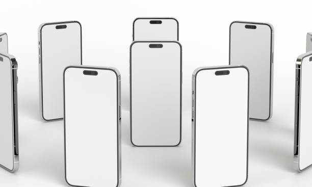 istock Illustration 3d render of isometric rectangles simulating a telephone in a 3d space with blank spaces. From different perspectives and views to help rock up for applications. 1454619597