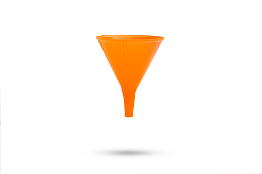 An orange funnel floating on a white background with copy space