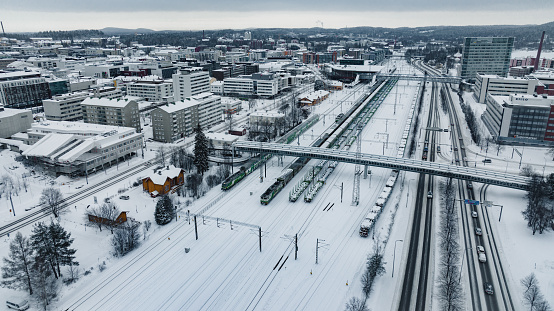 Jyvaskyla, Finland – January 09, 2022: Aerial view of the railway station in Jyvaskyla, winter evening in Finland