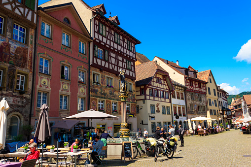 Bad Kreuznach, Germany, July 20, 2023 - Historic city center of Bad Kreuznach with pedestrian zone and the old half-timbered houses.