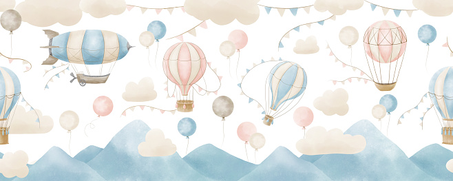 Baby Wallpaper with Hot Air Balloons and clouds. Hand drawn watercolor seamless Pattern for children. Illustration in delicate blue and pink Pastel colors. Background for boy or girl room design.