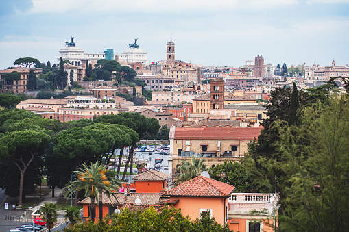 Rome panorama, Lazio, Italy, beautiful panoramic vibrant summer wide view of Roma and Vatican, with cathedral, cityscape and scenery beyond the city, seen from observation deck