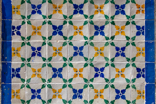 Antique multicolored tiles or azulejos in Portugal.