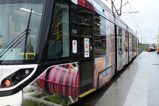 Blankenberge, West-Flanders Belgium January 5, 2023: public transport direction Knokke. Back and front side tram have driver's cabin and look the same. In this case the tram seems riding backside