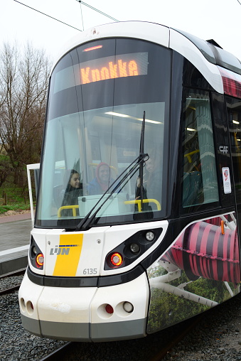 Blankenberge, West-Flanders Belgium January 5, 2023: public transport direction Knokke. Back and front side tram have driver's cabin and look the same. In this case the tram seems riding backside