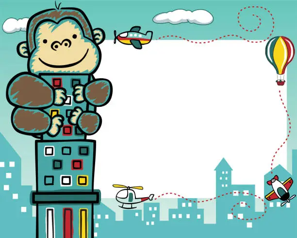 Vector illustration of frame border of king kong cartoon climbing on building with air transportations, for kids party invitation card template.
