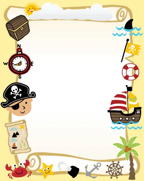 Vector illustration of frame border of pirates theme cartoon for kids party invitation card template.