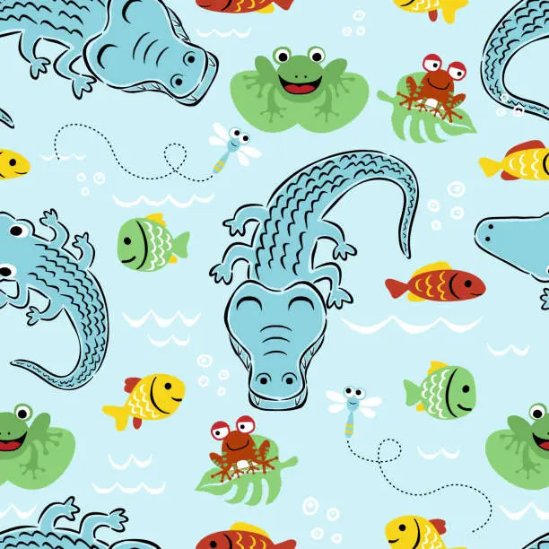 Vector illustration of vector seamless pattern of swamp animals cartoon. Crocodile, frog, fishes, dragonfly.