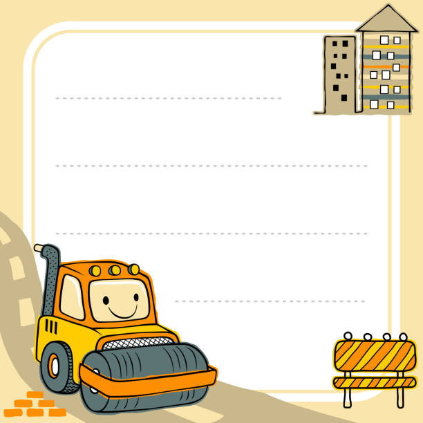 frame border template of hand drawn funny steamroller cartoon, construction elements illustration This illustration suitable for your business purpose or personal use. The illustration is vector-based. They are fully editable and scalable without losing resolution flattening stock illustrations