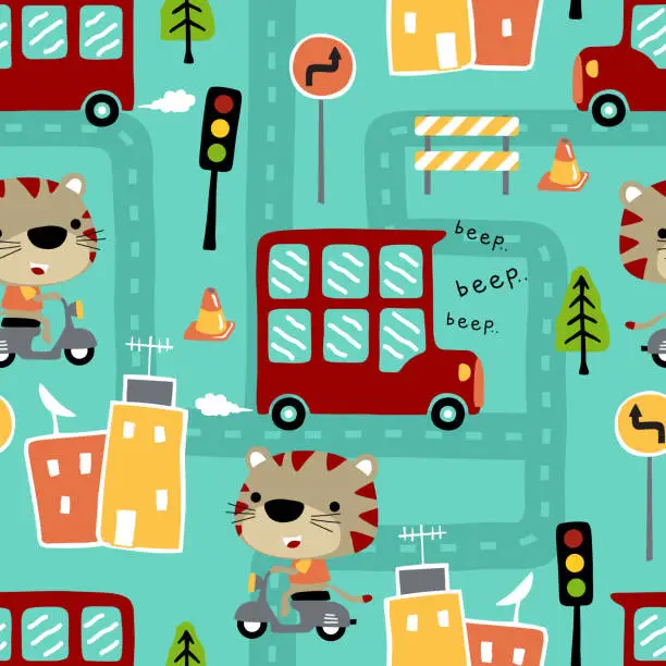 Vector illustration of seamless pattern vector of urban transportations with cute tiger on scooter, cityscape elements cartoon