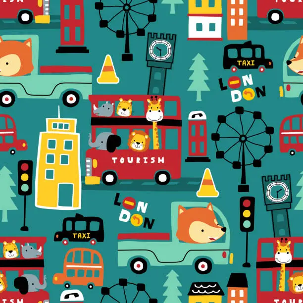 Vector illustration of seamless pattern vector of funny animals cartoon on vehicles in a city, cityscape elements illustration