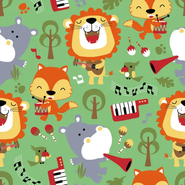 Vector illustration of seamless pattern vector of funny animals cartoon playing music instrument, musical elements illustration