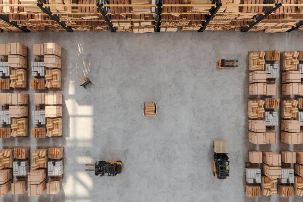 High Angle View Of Warehouse With Forklift, Pallet, AGV And Cardboard Boxes stock photo