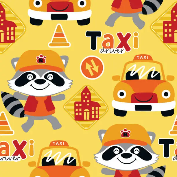 Vector illustration of Seamless pattern vector of cute raccoon cartoon with funny taxi, traffic elements illustration