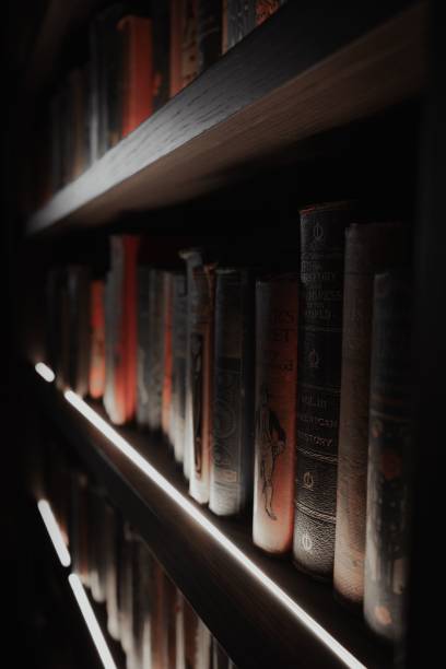 istock Closeup of books arranged in row on shelf 1454631670