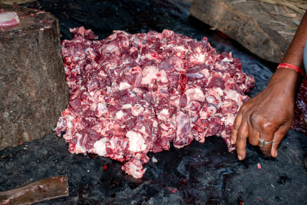 fresh goat meat ready for sale in a butcher shop - animal fat imagens e fotografias de stock