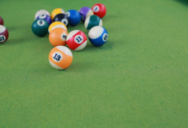 Billiard balls on a green billiard table.
