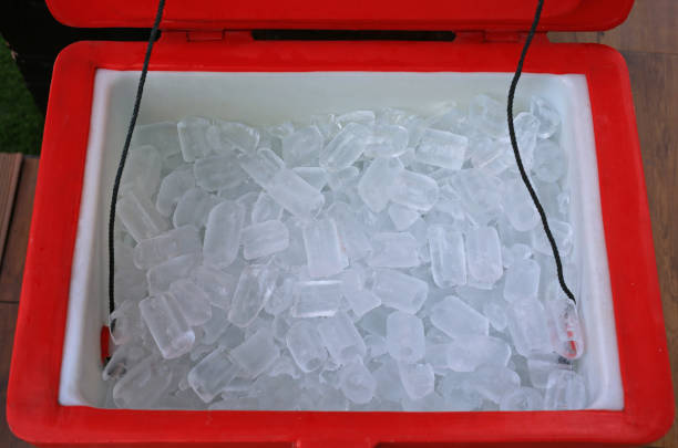 istock Red plastic bucket with ice cubes. Top view. 1454632912