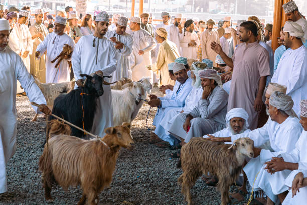 Nizwa Goat Market. People selling animals. Traditional bazaar in Nizwa, Oman. stock photo