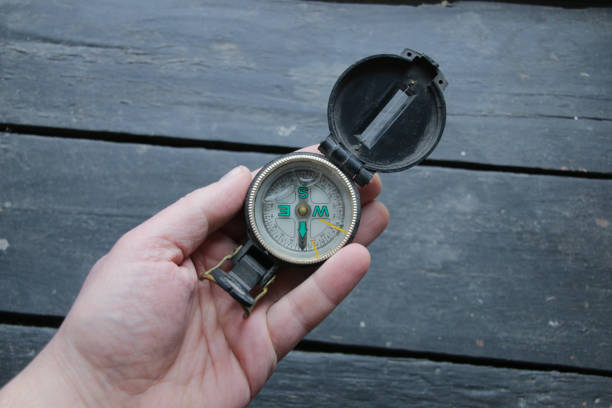 Hand holding vintage compass on vintage background stock photo