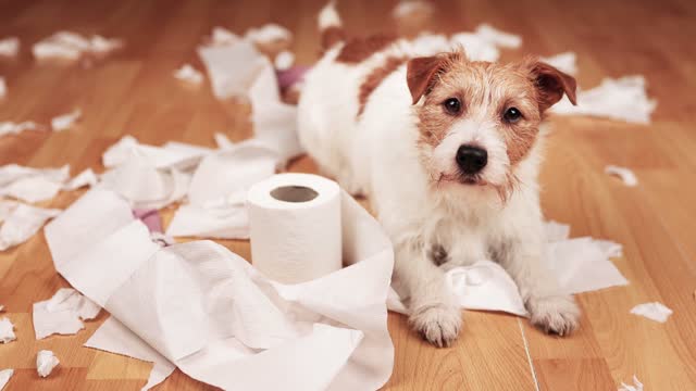 Funny dog after chewing a toilet paper, dog mischief or puppy training concept
