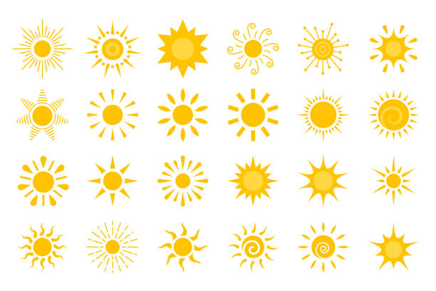 Sun star solar circle sunshine weather icon set Sun flat icon set. Various yellow sunshine star. Cartoon summer sunlight nature sky. Simple graphic solar circle sign. Sunny heat rays weather app symbol. Logotype sunrise sunset isolated on white. sun stock illustrations