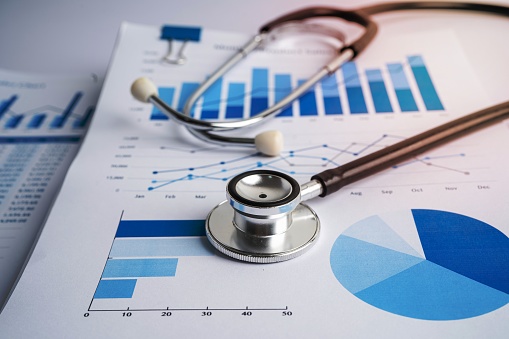 Stethoscope on charts and graphs paper, Finance, Account, Statistics, Investment, Analytic research data economy and Business company concept.