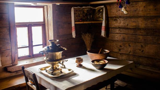 istock Traditional russian table in a wooden house 1454639965