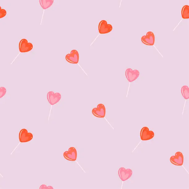 Vector illustration of Seamless pattern with red and pink lollipop hearts. Vector graphics.