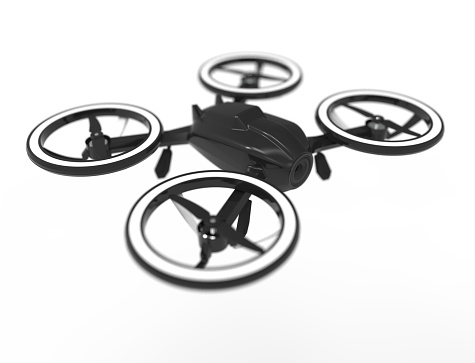 A 3D rendering of a black camera drone isolated on a white background