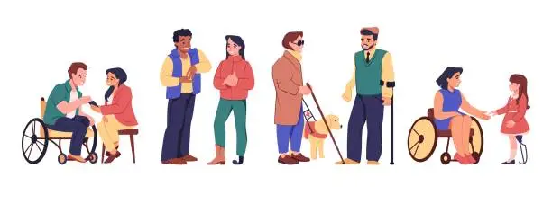 Vector illustration of Diverse people. Workers equal. Disabled men and women group. Office characters with wheelchairs and crutches. Handicapped kid. Deaf persons. Blind people with canes. Vector illustration