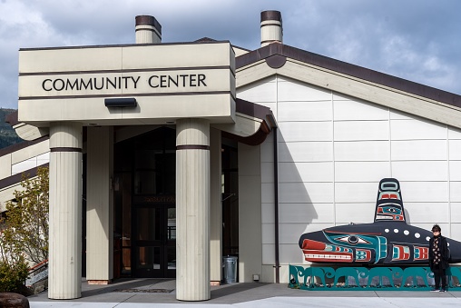 Sequim, United States – April 18, 2018: The entrance and facade of Jamestown S'Klallam Tribe community center in James town, Sequim, WA, USA