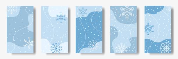 Winter snowflakes story and post design. Fashion show flyers, light banners with abstract shapes. Blue colors and white flakes, social media background, covers collection. Vector illustration Winter snowflakes story and post design. Fashion show flyers, light banners with abstract modern shapes. Blue colors and white flakes, social media background, covers collection. Vector illustration winter fashion collection stock illustrations